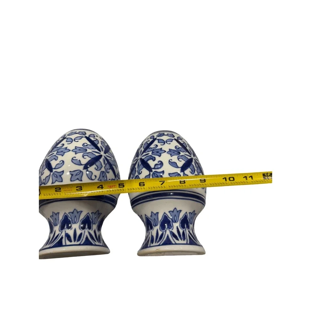Vintage Blue and White Ceramic Wall Pocket Set Chinoiserie Floral Hanging Vases